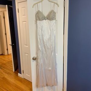 White satin prom dress with silver beading